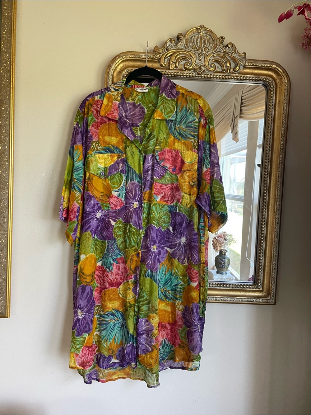 Bombay Tropical Floral Button Front Pockets Cotton Over Size Beach Shirt